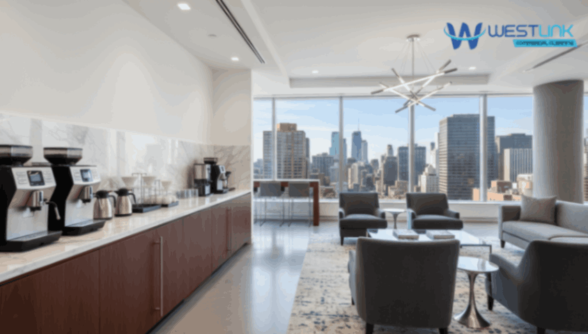 Luxurious executive Commercial Office Break Room with marble counters and Sydney city view.