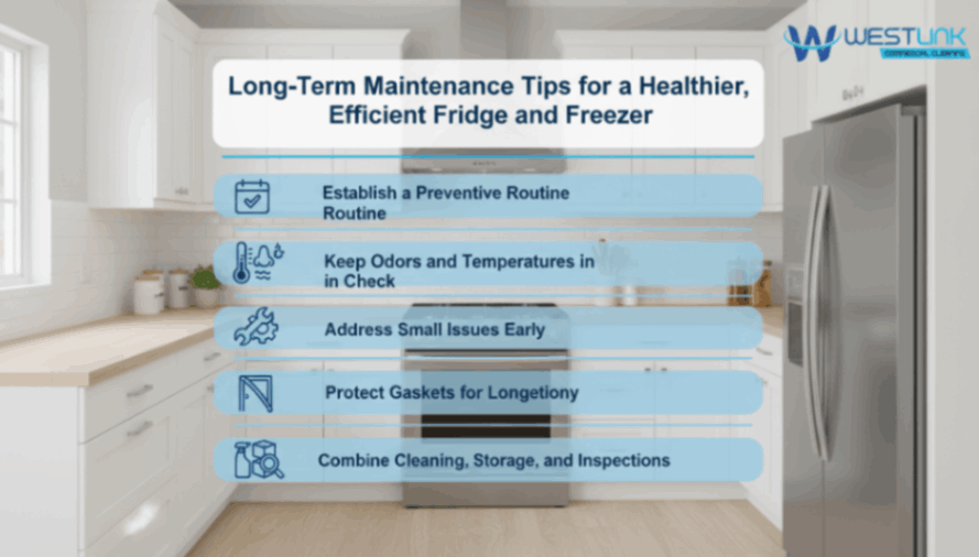 Infographic showing easy long-term maintenance tips for keeping a fridge and freezer clean
