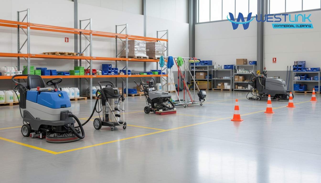 Industrial cleaning equipment such as floor scrubbers, vacuums, mop systems, and pressure washers arranged inside a warehouse.