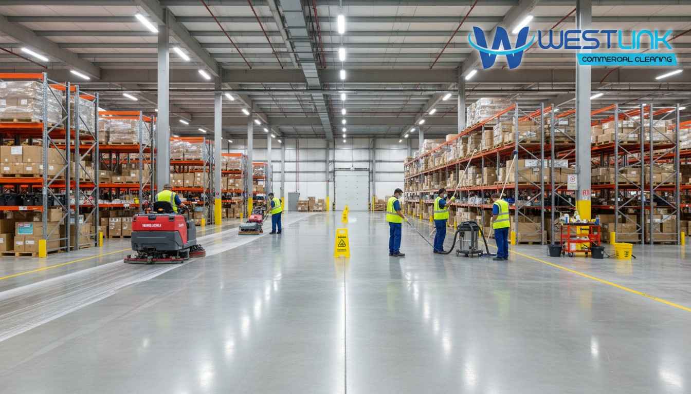 Professional cleaners using industrial equipment to clean a large commercial warehouse.