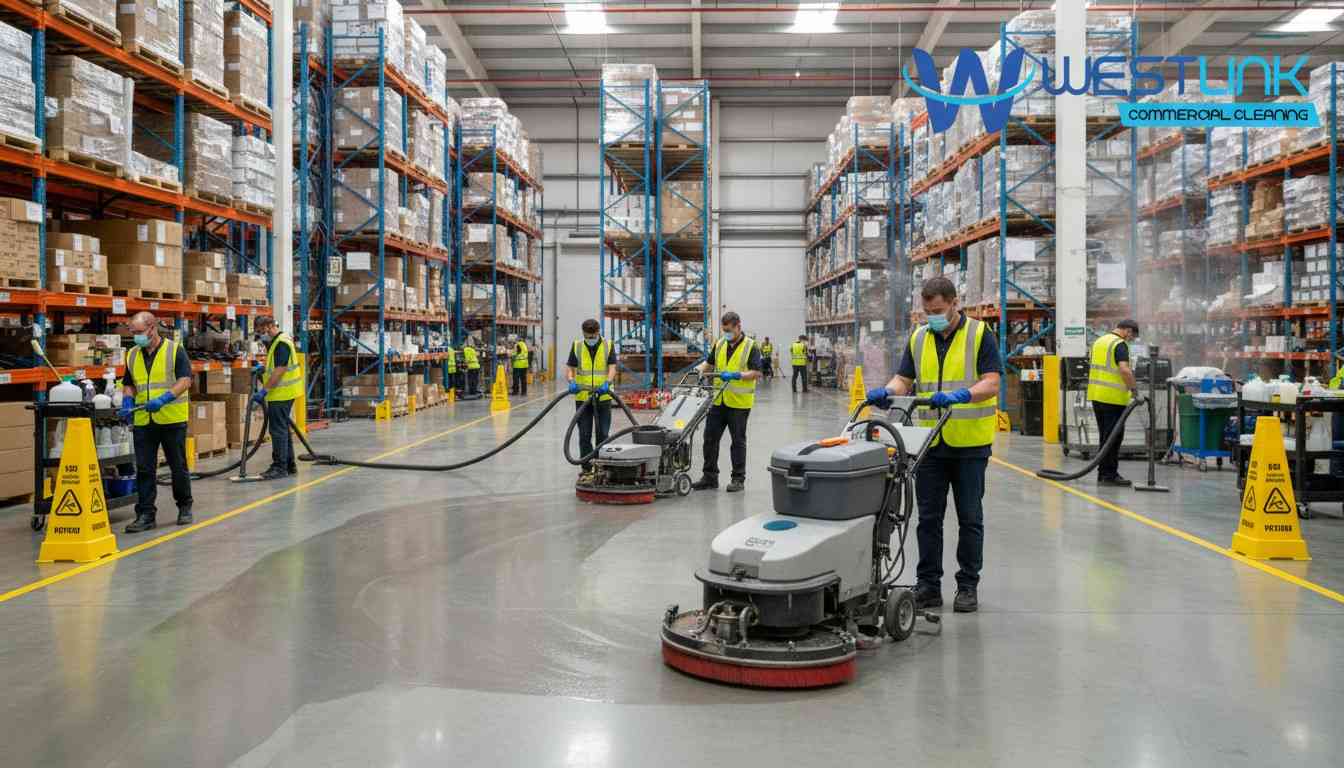 Professional cleaners using industrial equipment to clean a large commercial warehouse.