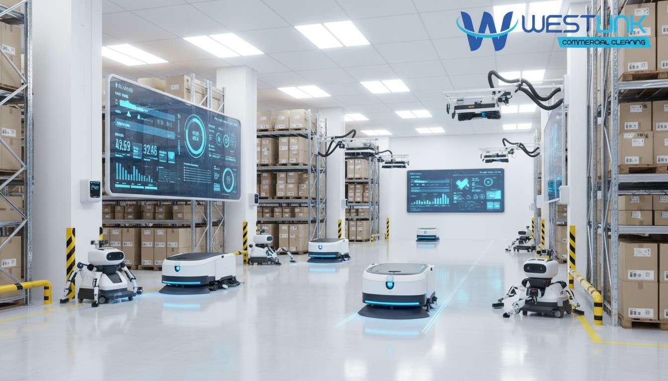 Autonomous cleaning robots and smart cleaning technology operating inside a modern warehouse.