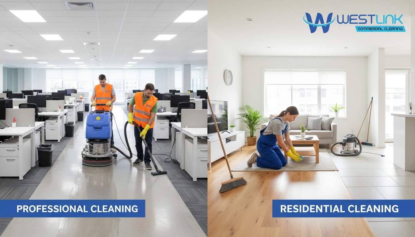 Side-by-side comparison of commercial cleaning in a workplace and residential cleaning in a home,