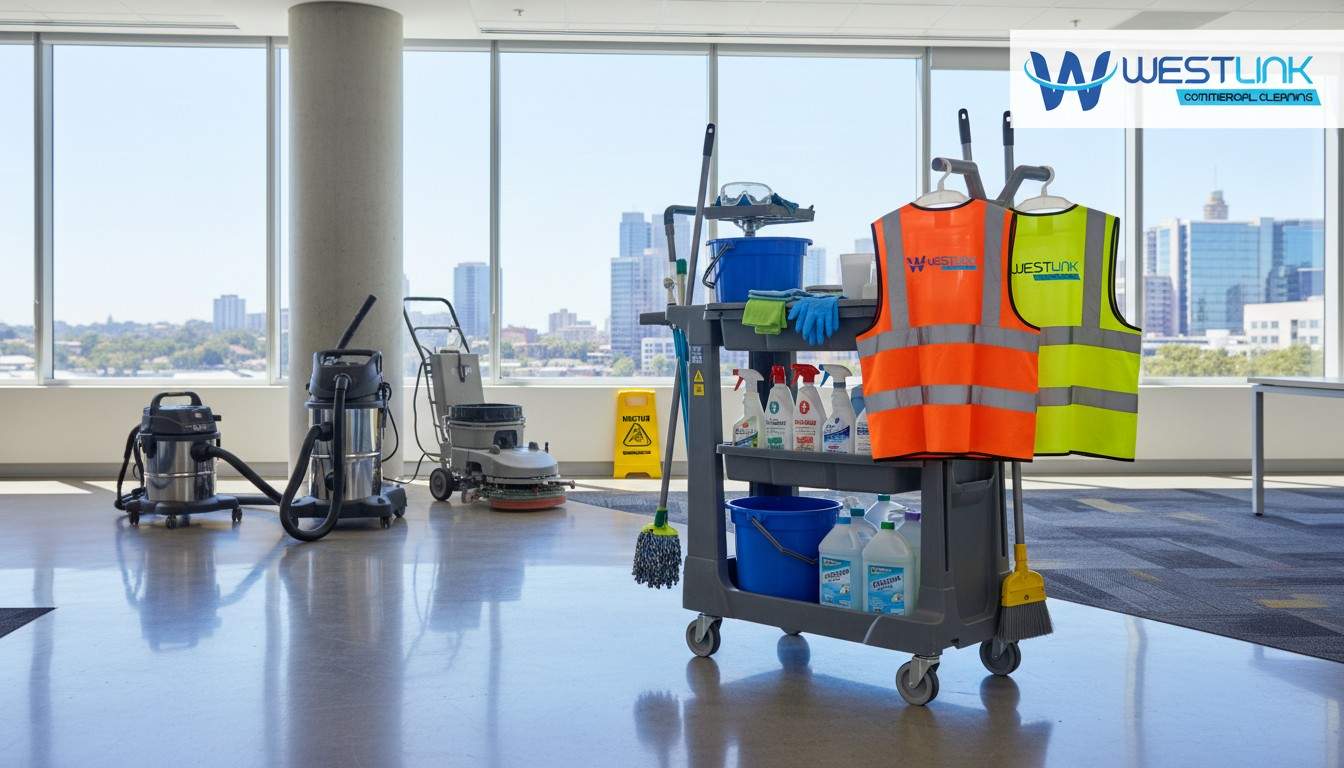 Commercial cleaning tools and products arranged neatly in a modern facility.
