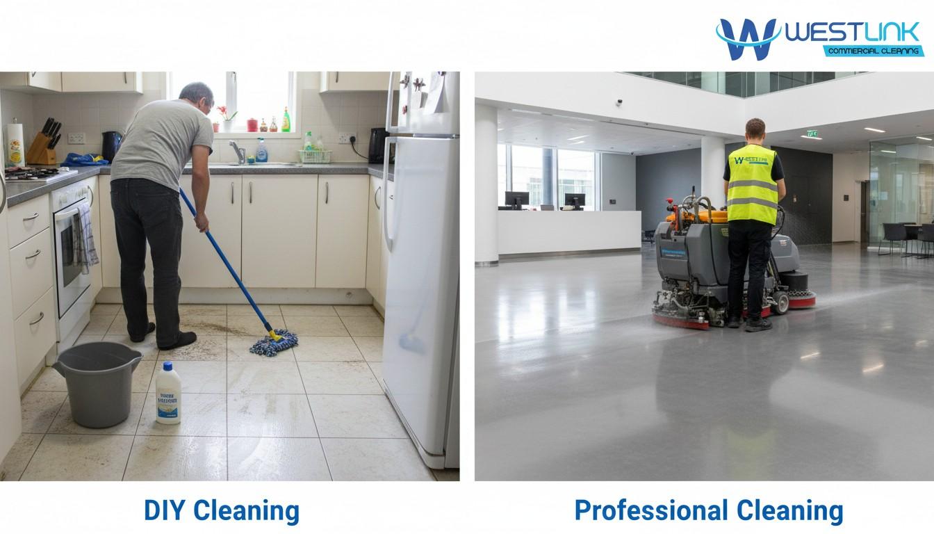 Split-screen image comparing DIY and professional hard surface cleanin
