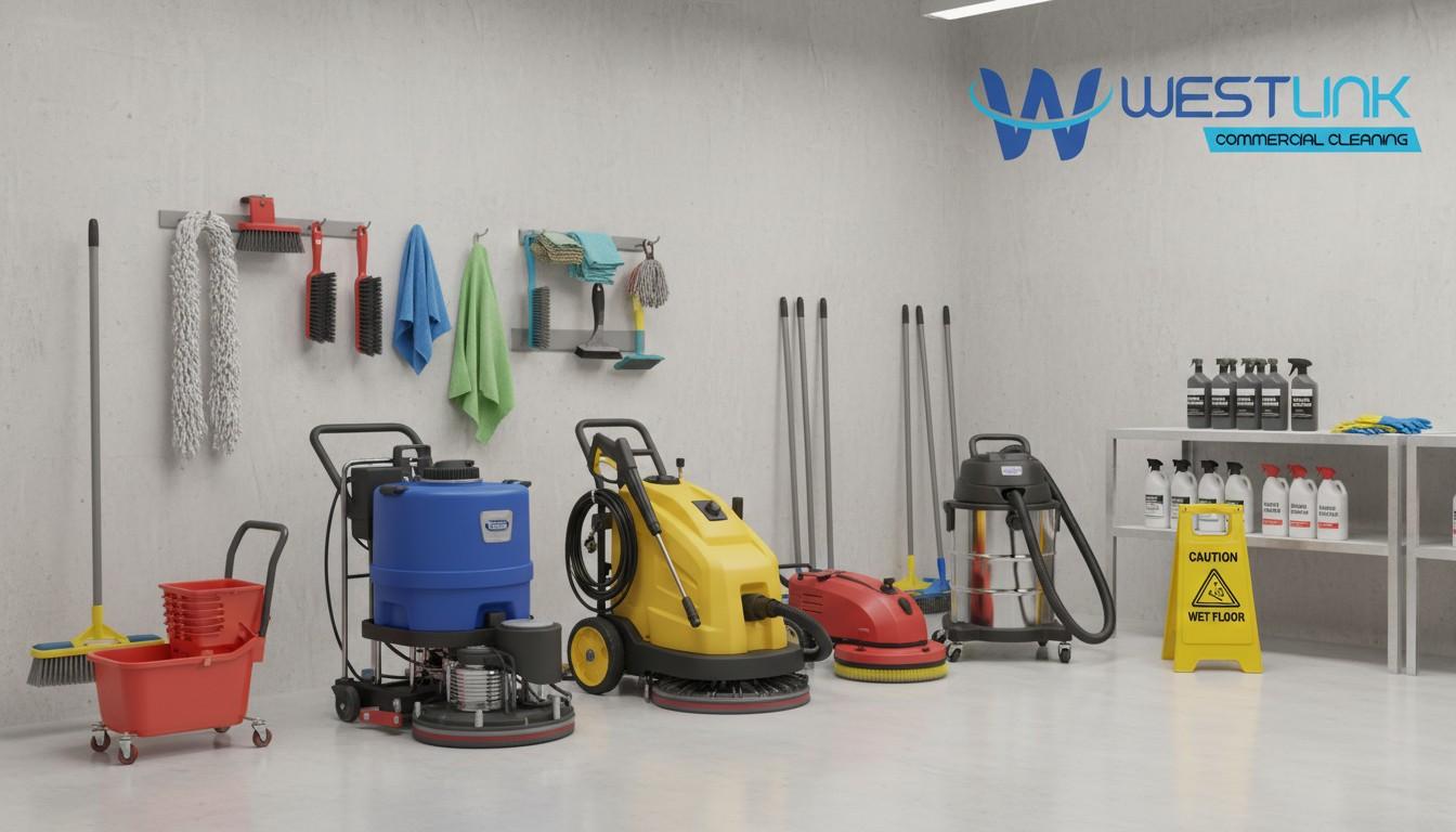 Commercial hard cleaning tools and equipment displayed in a professional setting by Westlink Commercial Cleaning Company.