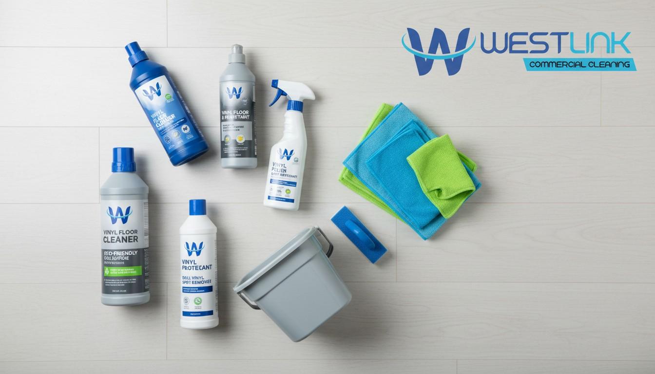Best cleaning products for vinyl flooring including sprays, polish, and microfiber cloths, logo in top-right corner.