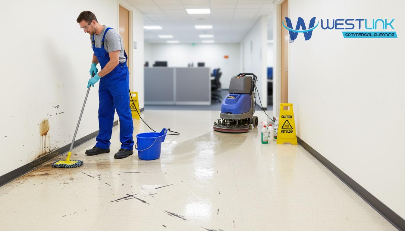 Professional cleaner fixing scuff marks and stains on commercial vinyl floors