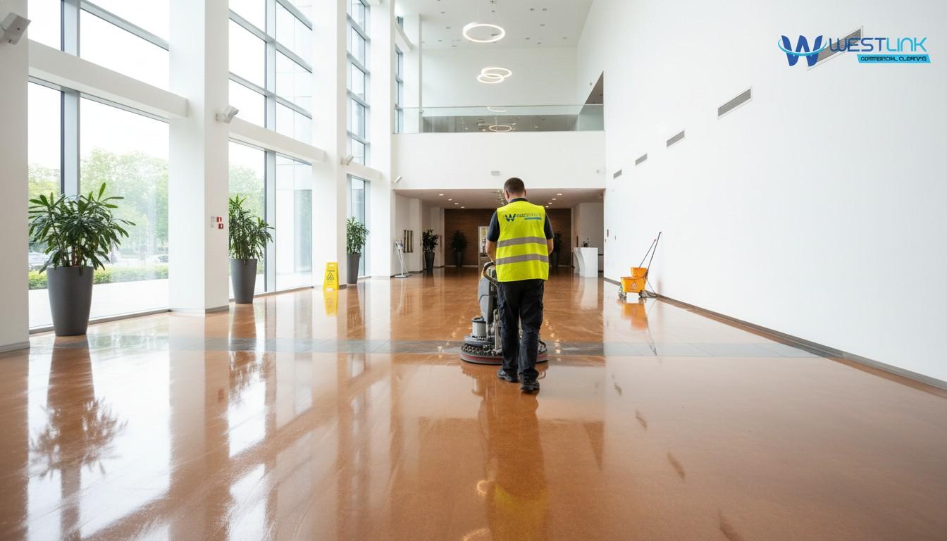 Professional cleaner using a floor scrubber to clean vinyl floors in a modern commercial lobby.