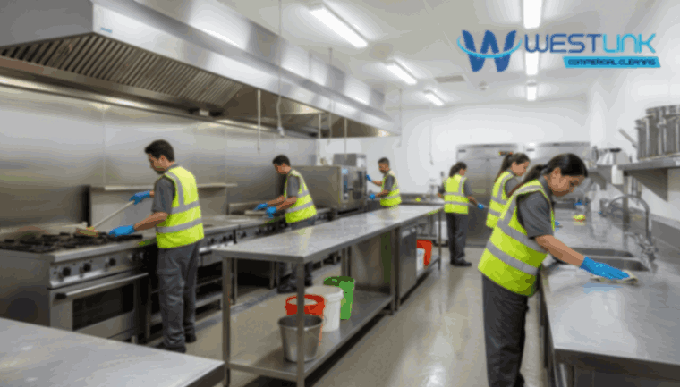 Deep cleaning stainless steel surfaces in a commercial kitchen.