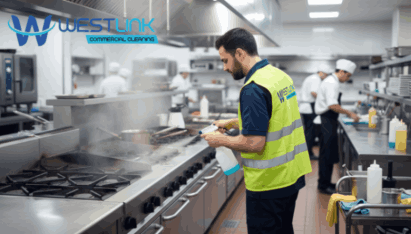 Cleaner sanitizing commercial kitchen stoves and grills.