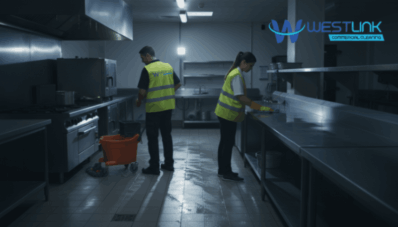 Night shift cleaners mopping and wiping commercial kitchen surfaces.
