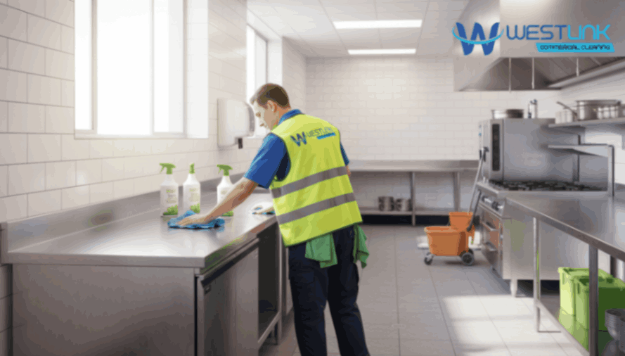 Eco-friendly commercial kitchen cleaning with green products.