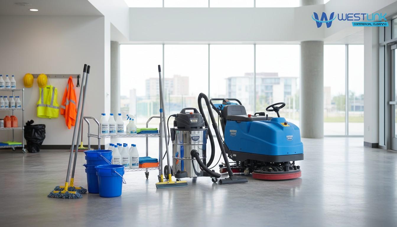 Construction cleaning equipment and tools arranged professionally in a commercial space.