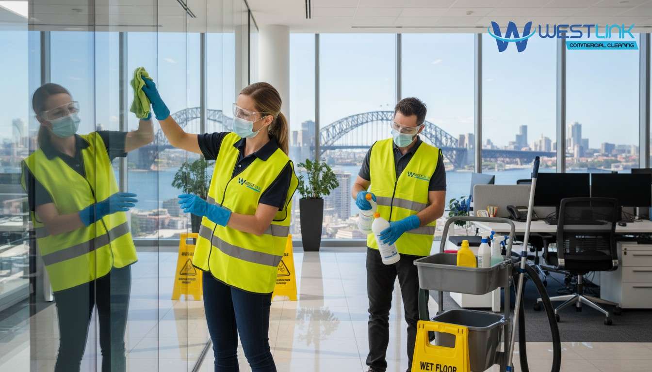 Professional cleaners following safety protocols and regulatory compliance.