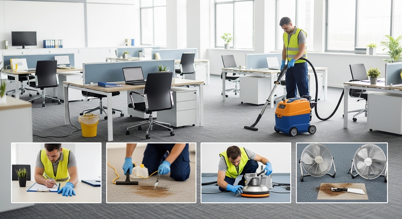 Professional technician performing commercial carpet cleaning in a modern office, including inspection, stain treatment, vacuuming, and drying, for a fresh and hygienic environment.