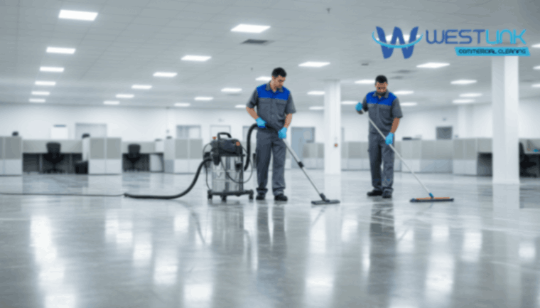 Industrial workplace floor being vacuumed and mopped by cleaning staff.