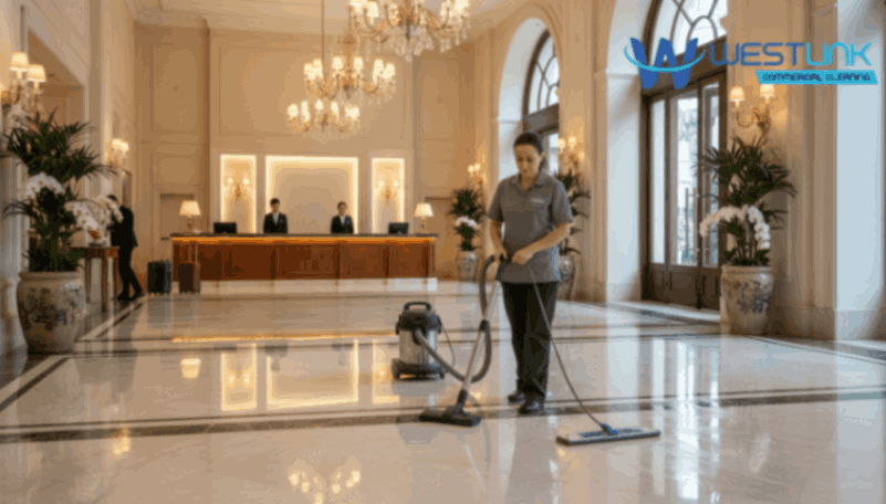 Cleaner vacuuming and mopping marble floors in hotel lobby.