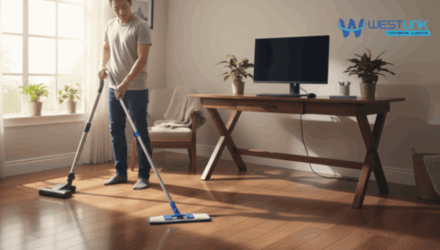 Person vacuuming and mopping wooden home office floor.