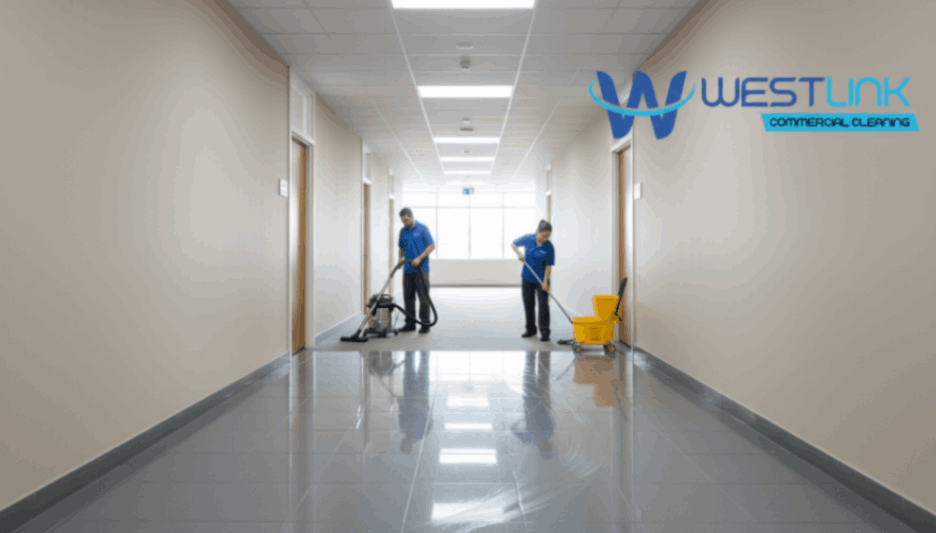 Janitors vacuuming and mopping a commercial hallway floor.