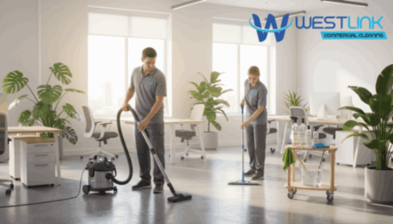 Eco-friendly cleaner vacuuming and mopping sustainable office floor.