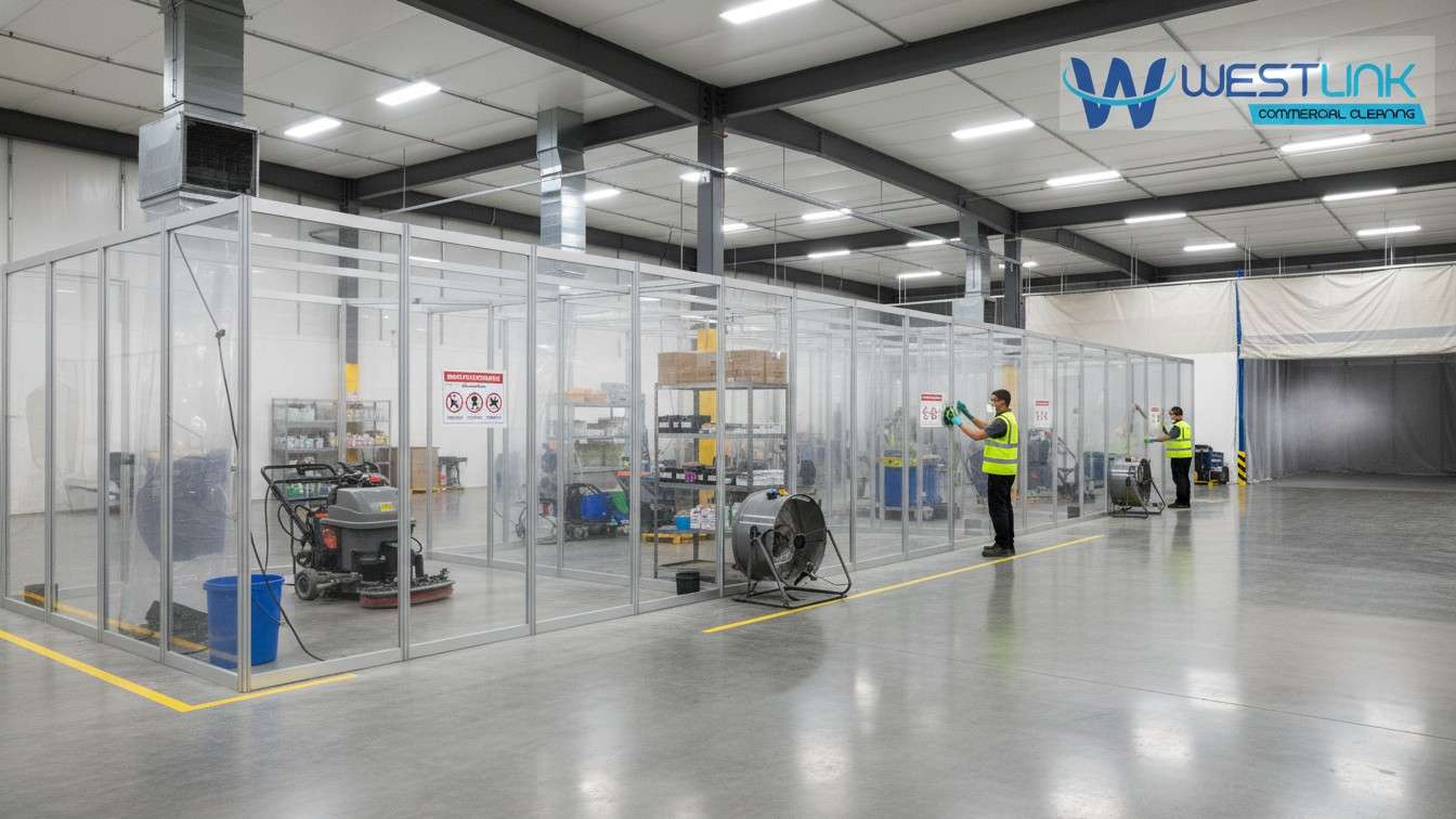 Warehouse with barriers and partitions to control dust.