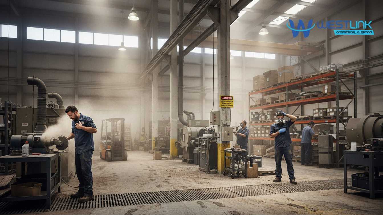Industrial dust in a warehouse creating health hazards for workers