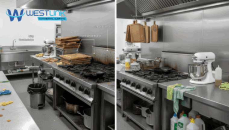 A commercial kitchen split into messy and clean halves, highlighting common cleaning mistakes such as dirty countertops, greasy stoves, and unwashed cutting boards