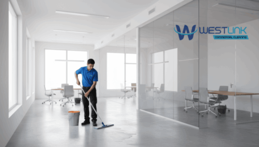 Minimalist modern office with glass partitions and clean floors being mopped.