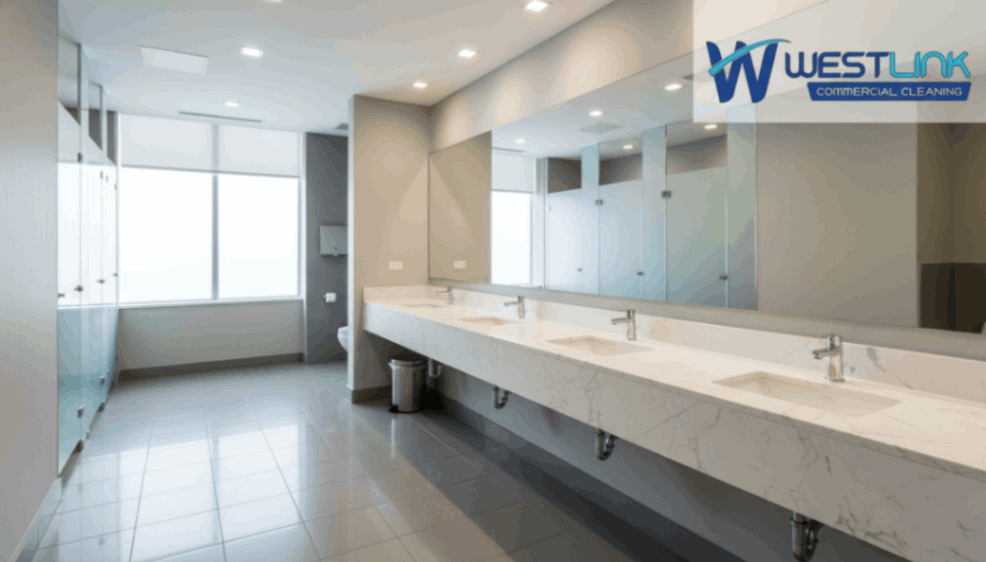 Modern office restroom with marble countertops and stainless steel fixtures
