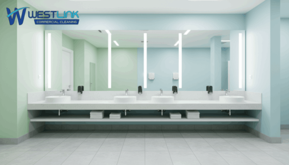 Bright office restroom with pastel walls and contemporary sinks