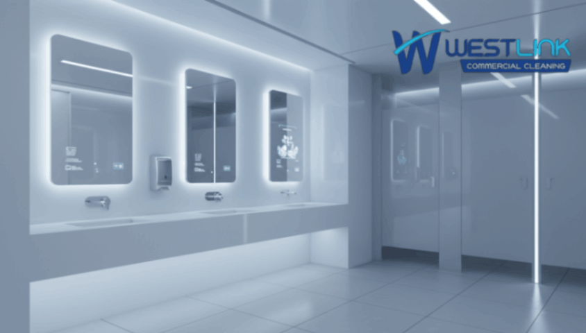 Futuristic office restroom with smart mirrors and motion-activated faucets