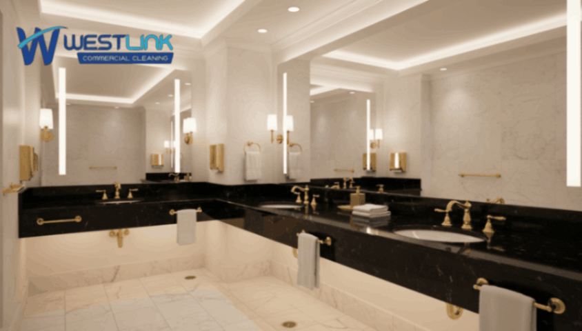 Luxury office restroom with black granite countertops and gold fixtures