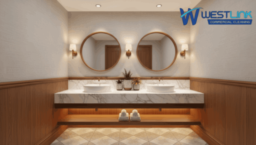 Cozy office restroom with wooden accents and warm lighting