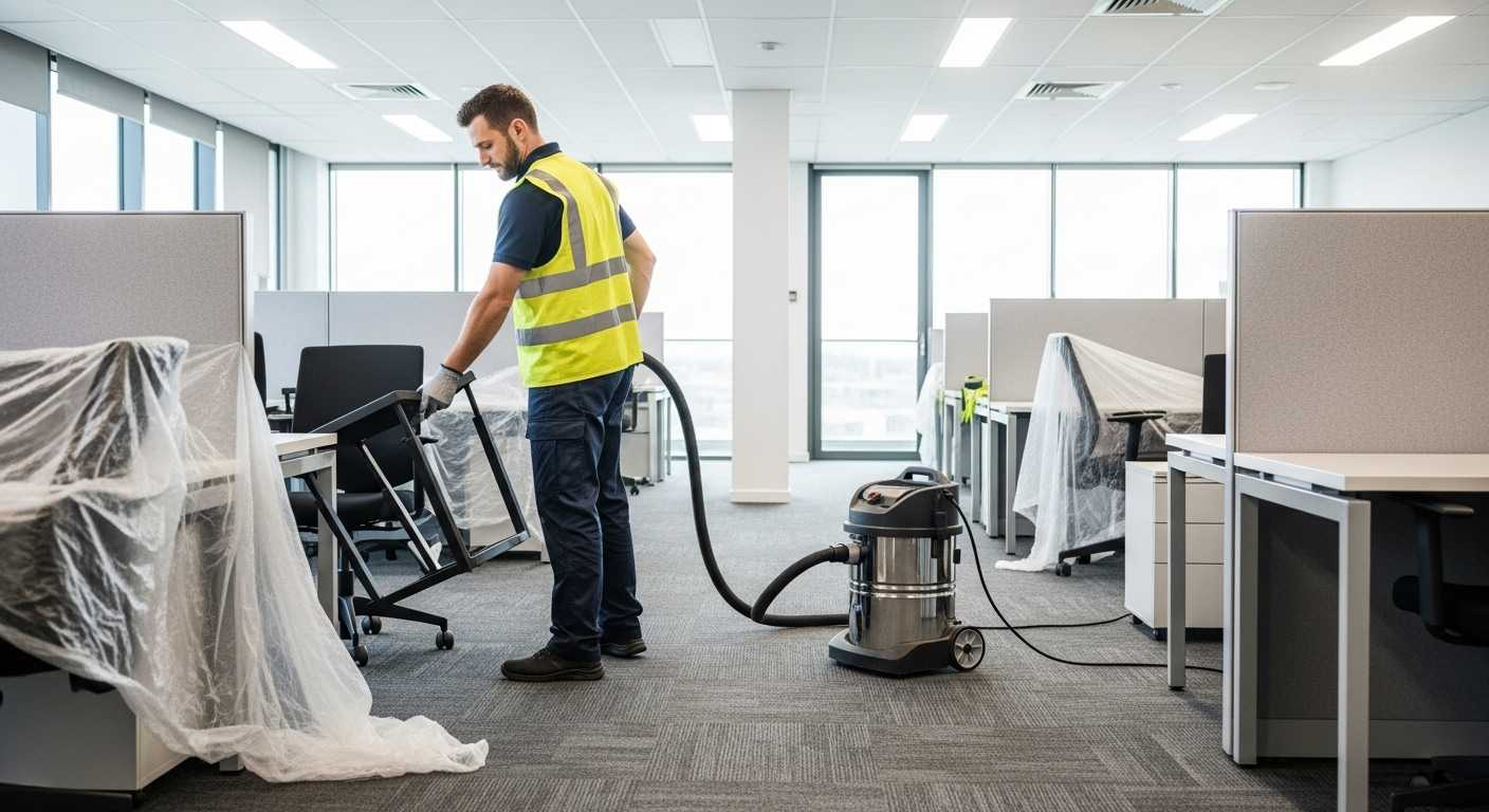 Carpet cleaning technician in commercial office moving furniture and vacuuming carpet to remove loose dirt, dust, and debris, in the same office space as inspection stage.