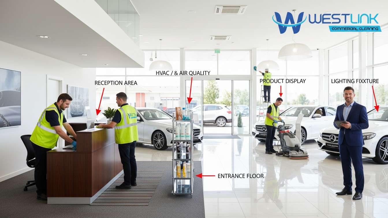Showroom staff cleaning high-impact areas including floors, shelves, and counters.