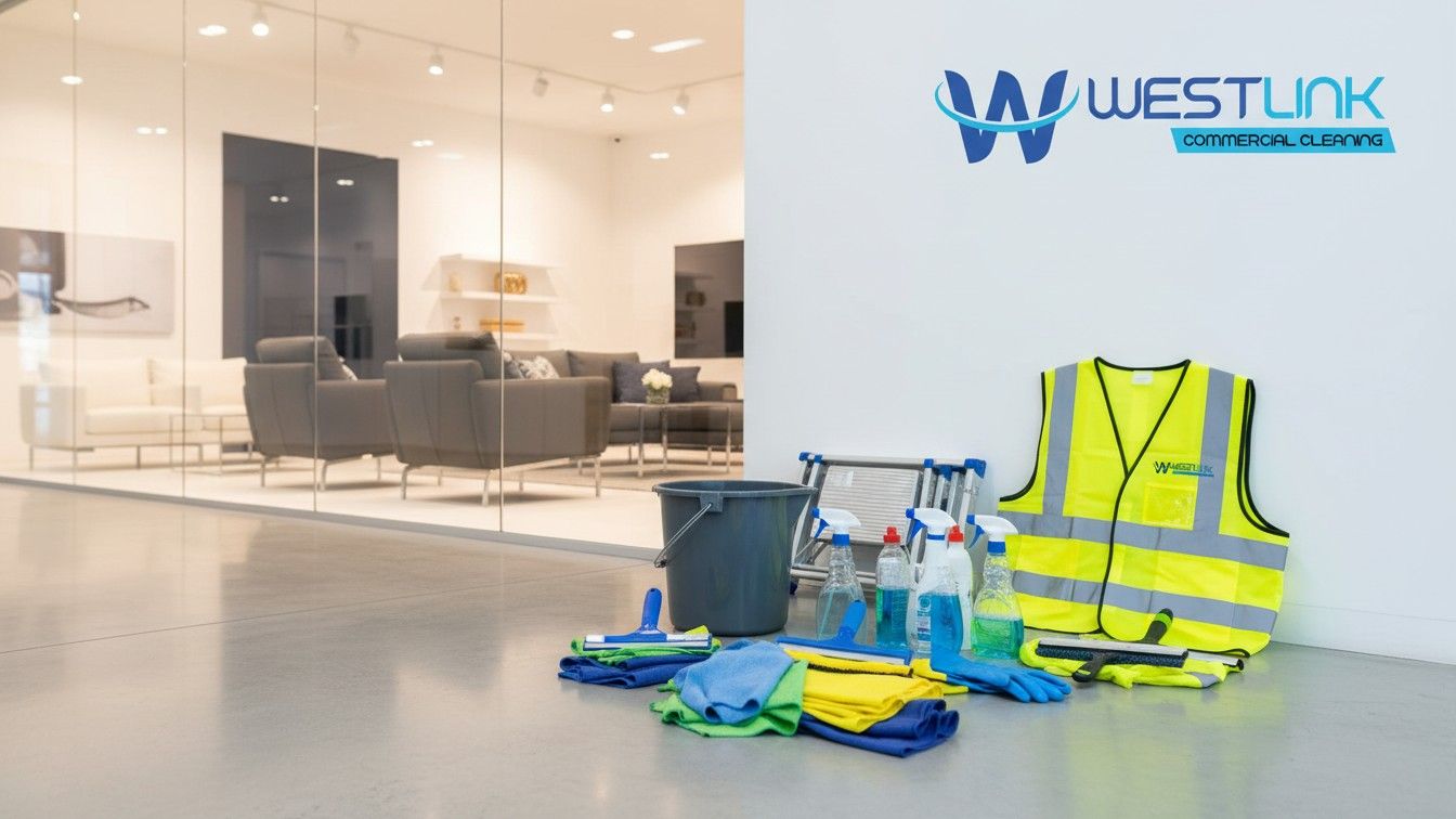 Essential tools and supplies for showroom glass cleaning including squeegees, microfiber cloths, and cleaning sprays. 