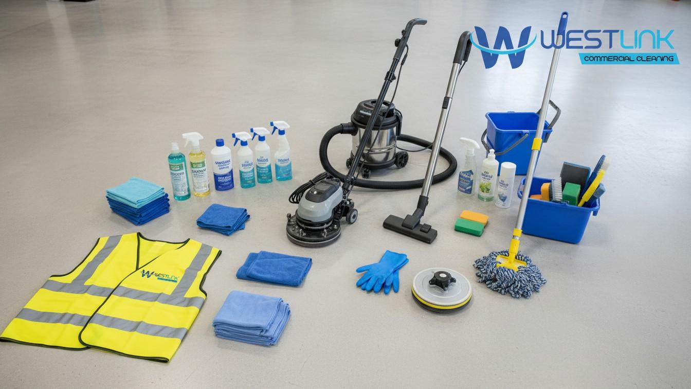 Essential showroom cleaning tools and products including cloths, mop, floor scrubber, vacuums, and cleaners arranged neatly.