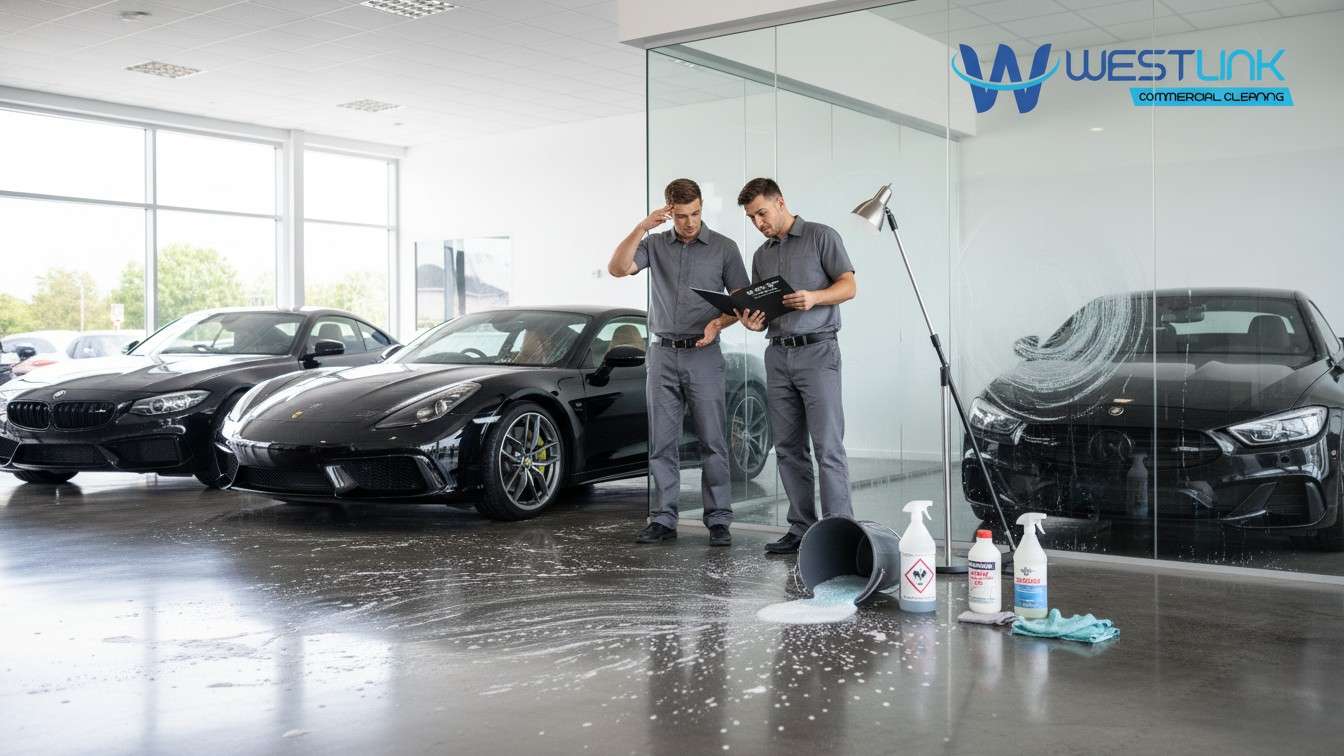 Showroom displaying common cleaning mistakes such as dusty shelves, smudged glass, and cluttered products,