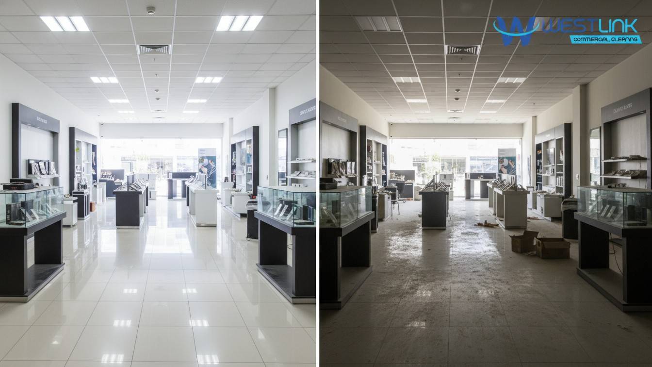 Comparison of clean vs dirty showroom showing the importance of showroom cleaning.