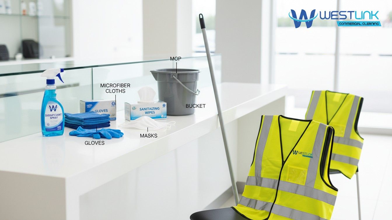 Essential tools for disinfecting high-touch surfaces in a showroom, including sprays, wipes, gloves, and cloths.
