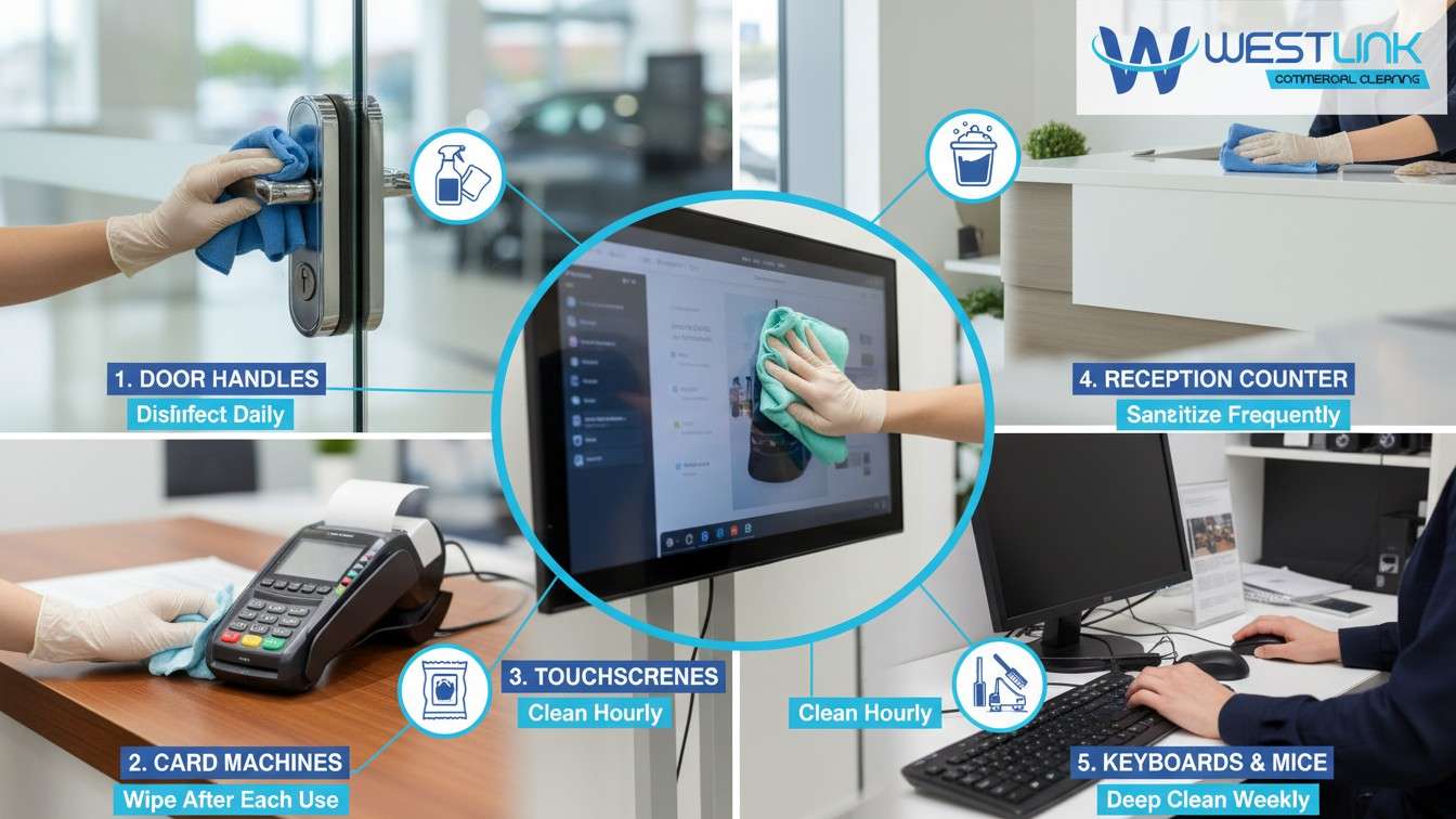 Highlighting high-touch areas in a showroom and disinfection