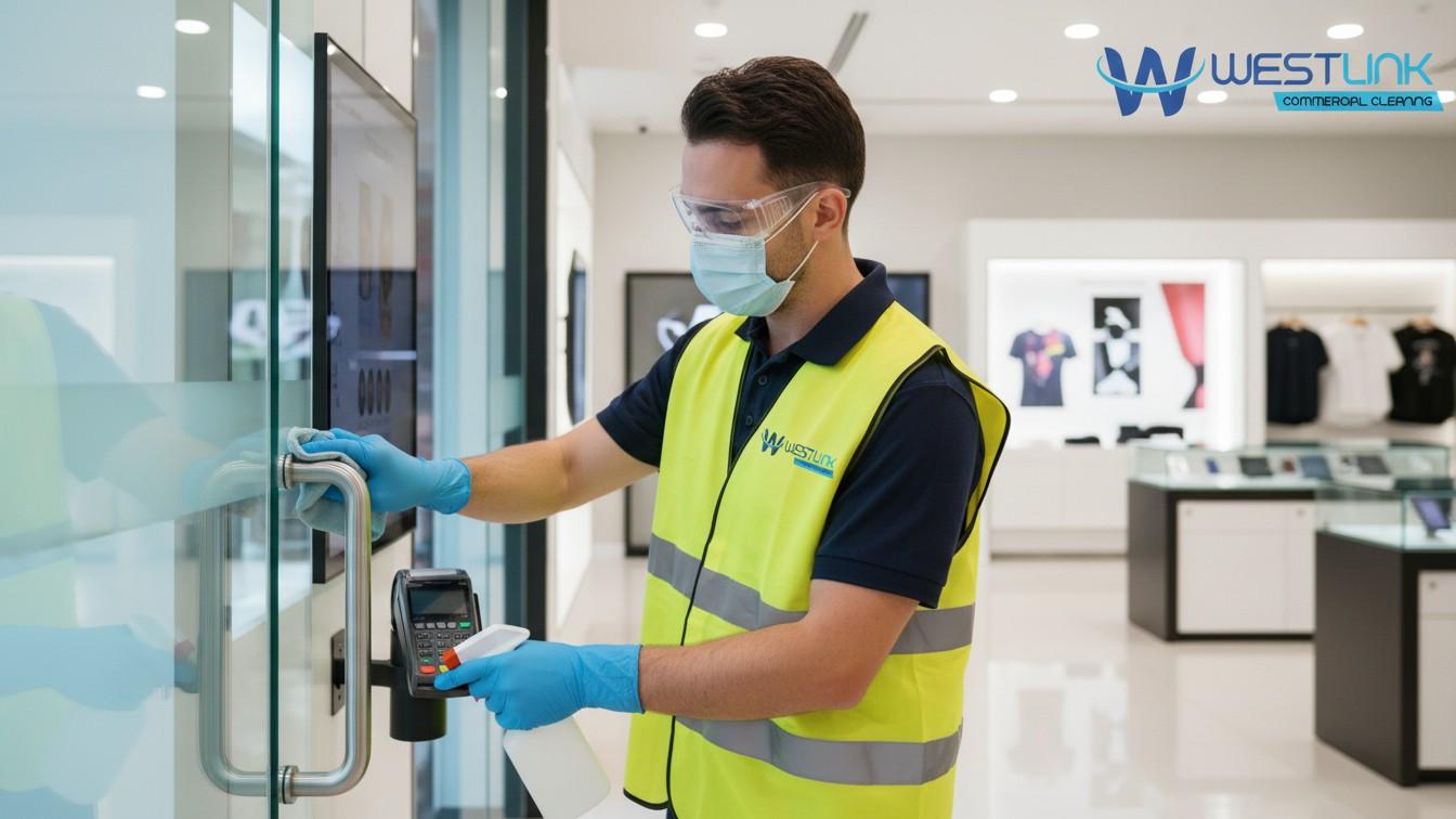 Professional disinfecting high-touch surfaces in a showroom while wearing protective gear