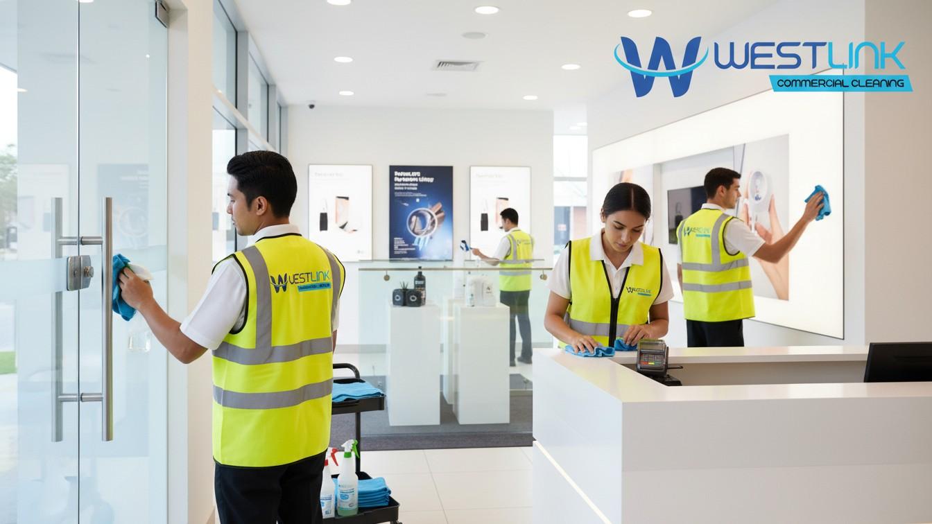 Staff disinfecting high-touch surfaces in a modern showroom with cleaning supplies visible.