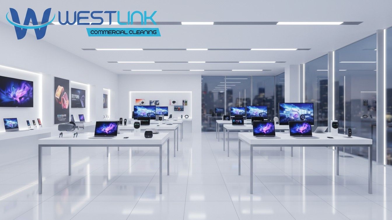 Clean electronics showroom with organized displays and bright LED lighting.