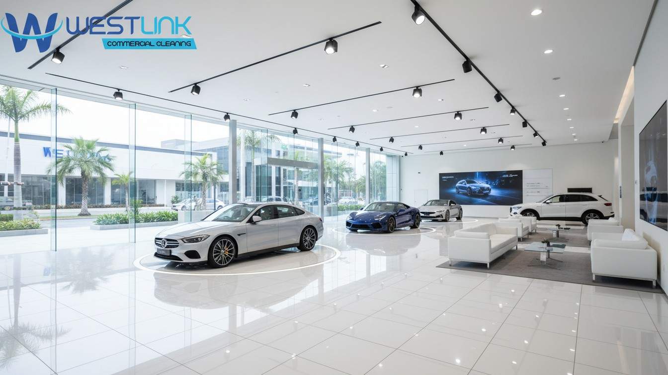 Clean automotive showroom with shiny floors and perfectly aligned cars