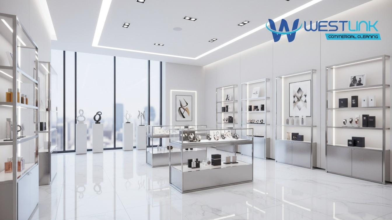 Modern luxury showroom with polished floors, elegant product displays, and bright lighting.