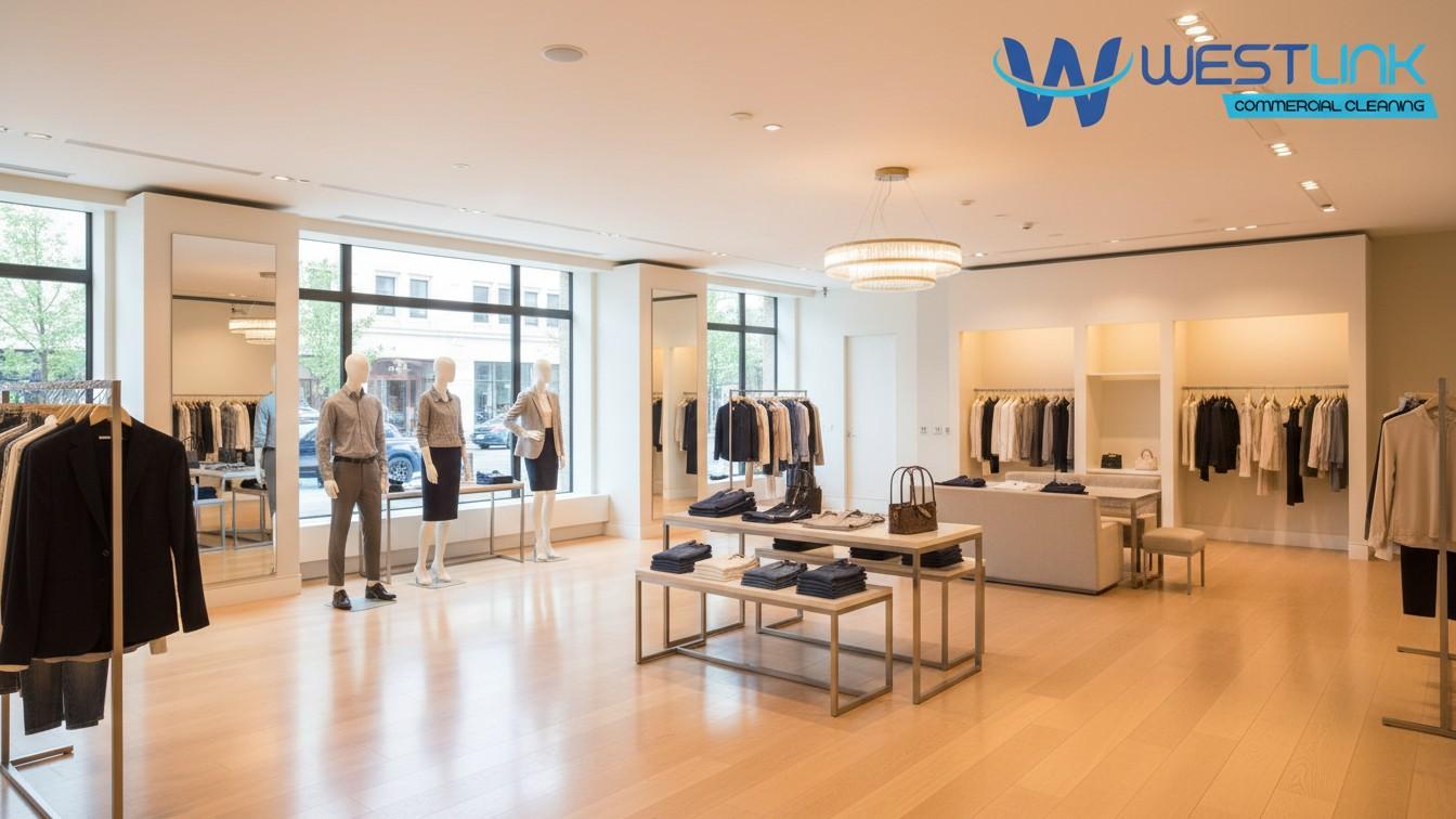 Luxury fashion showroom with polished wooden floors and stylish displays.