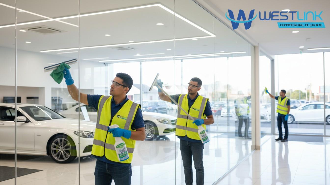 Staff cleaning showroom glass with eco-friendly solutions.