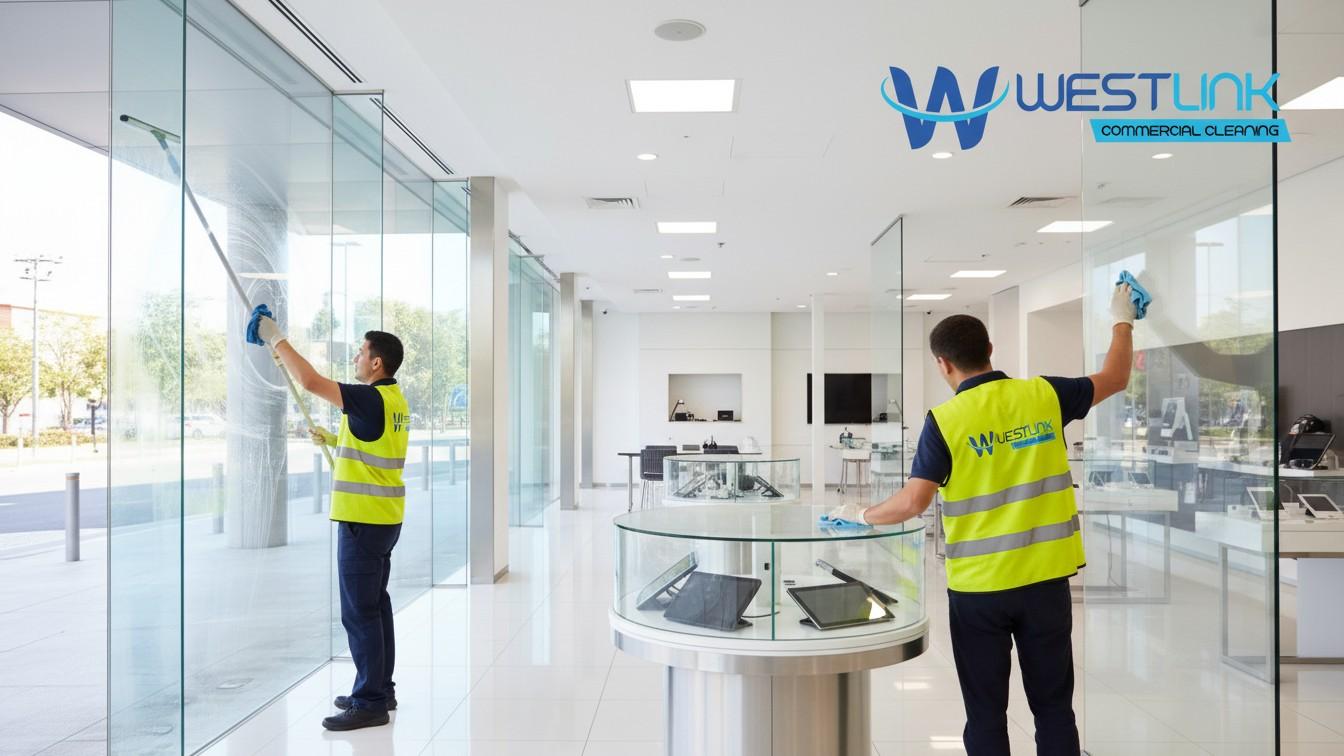 Staff cleaning showroom windows and glass surfaces to maintain clarity and professional appearance.